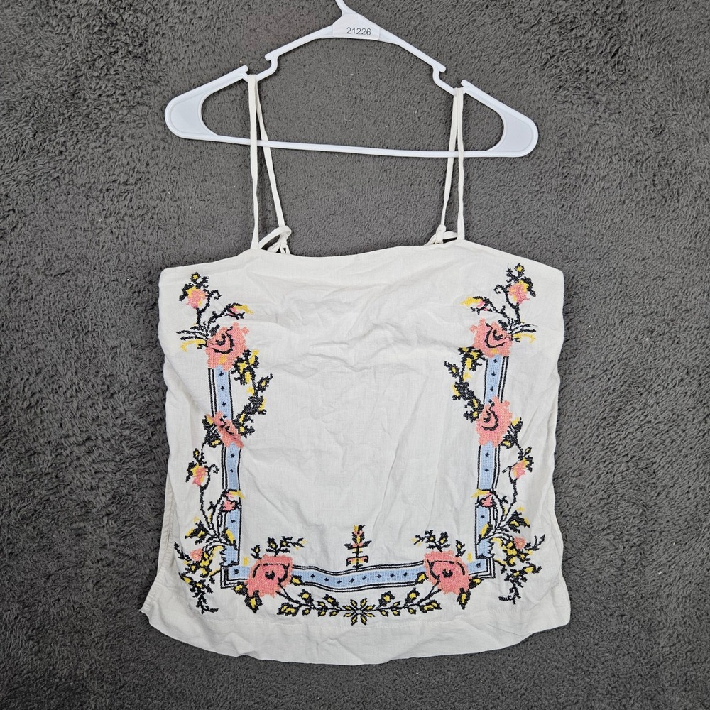 Free People Ivory Floral Embroidered Linen Cami Top NWT Womens Small
